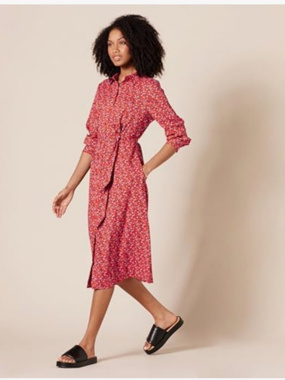 Amazon Essentials NEW Size XL: Red Floral Tie-Waist Midi Shirt Dress